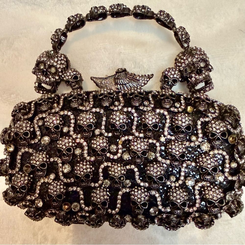 Charles Dary Embellished Swarovski Crystal Skulls and Wings Convertible Clutch